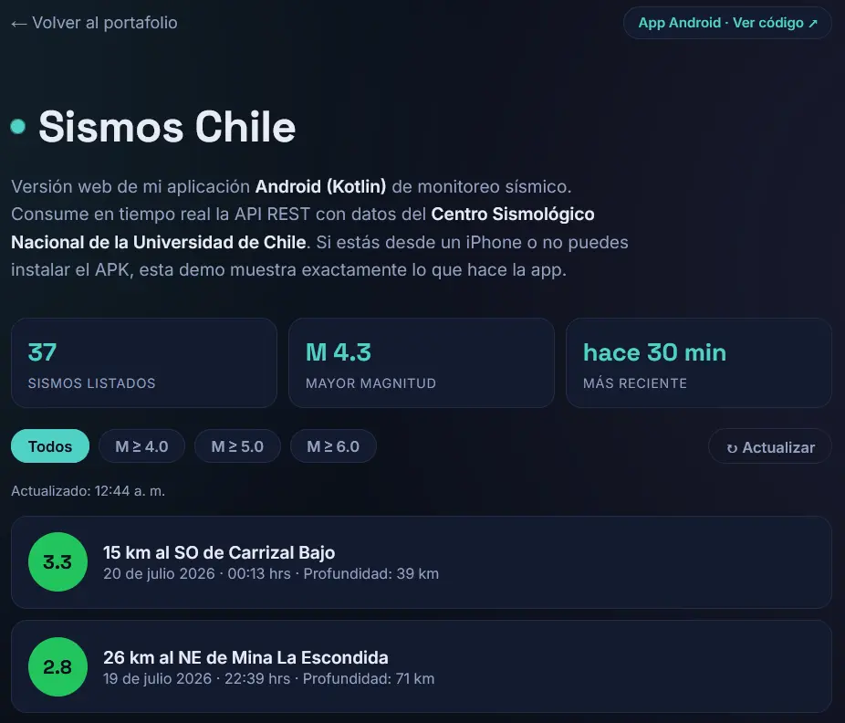 Captura de la app de monitoreo sísmico